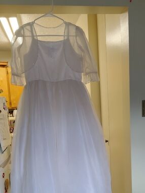 White Girls' Formal Dress with Sheer Bolero and Beaded Bodice